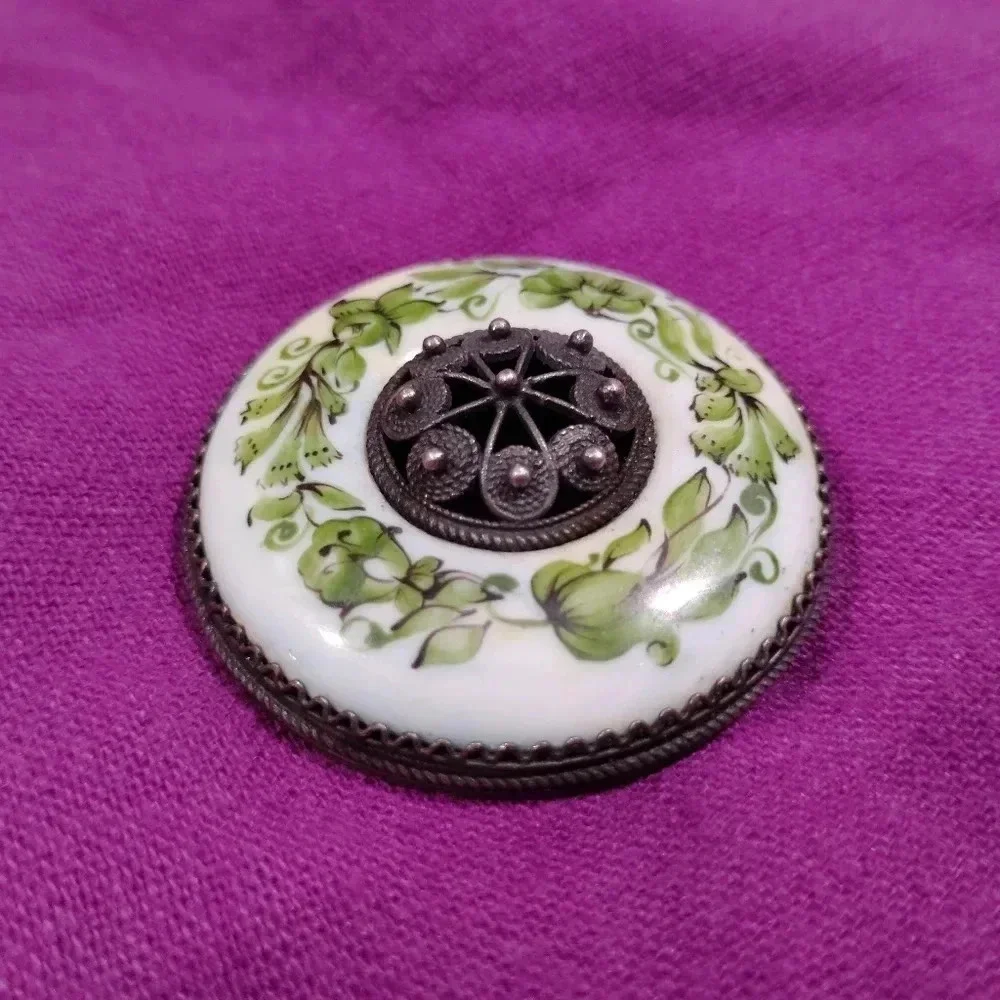 Antique Brooch Porcelain Green Botanical Garland Silver Metalwork
